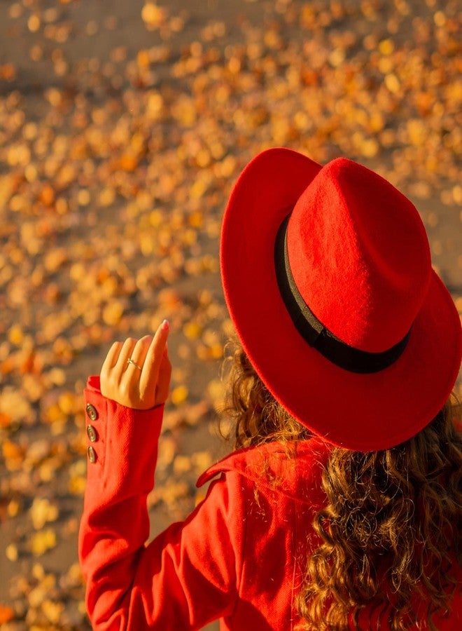 Gossifan Lady Fashion Wide Brim Felt Fedora Panama Hat with Ring Belt Red - Image 4